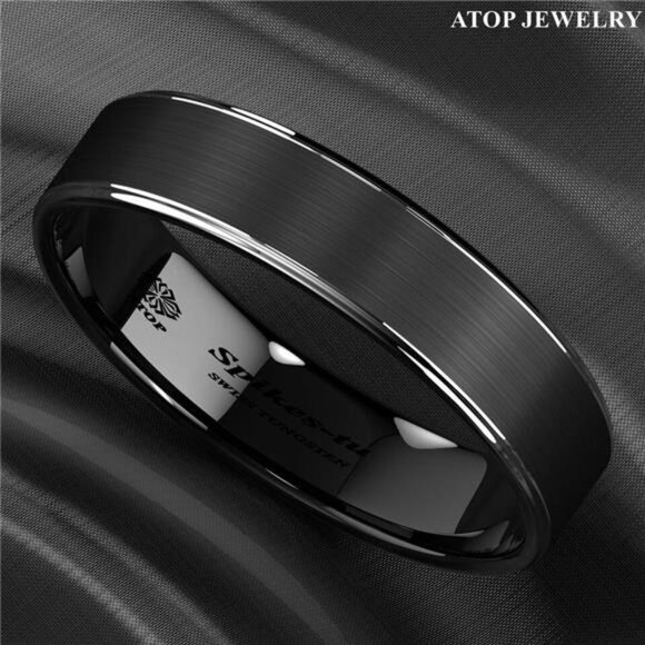 Tungsten Wedding Bands for Men 6mm Black Brushed Silver Stripe Rings for Her - Picture 4 of 8